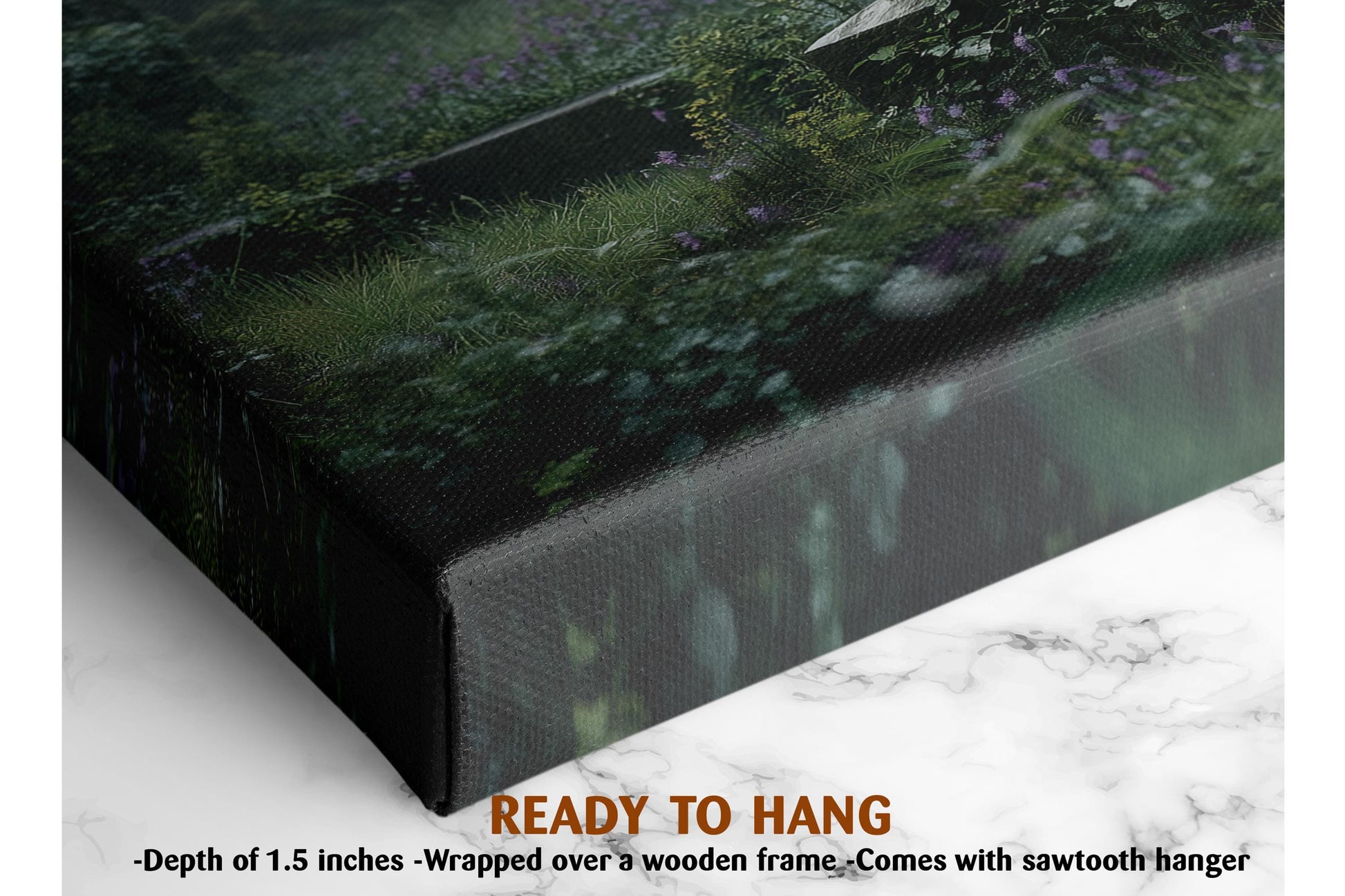 The image is a close-up of a framed print or canvas depicting a lush, green garden scene with purple flowers. The print is described as having a depth of 1.5 inches and is wrapped over a wooden frame, which comes with a sawtooth hanger.