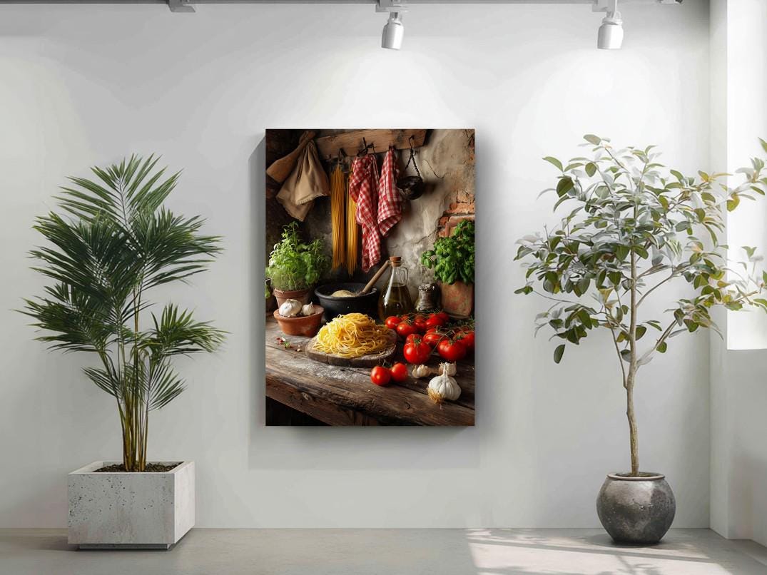 a kitchen scene with various food items, including a bowl of noodles, tomatoes, garlic, and herbs, displayed on a wooden table. The kitchen is decorated with potted plants and a painting hanging on the wall.