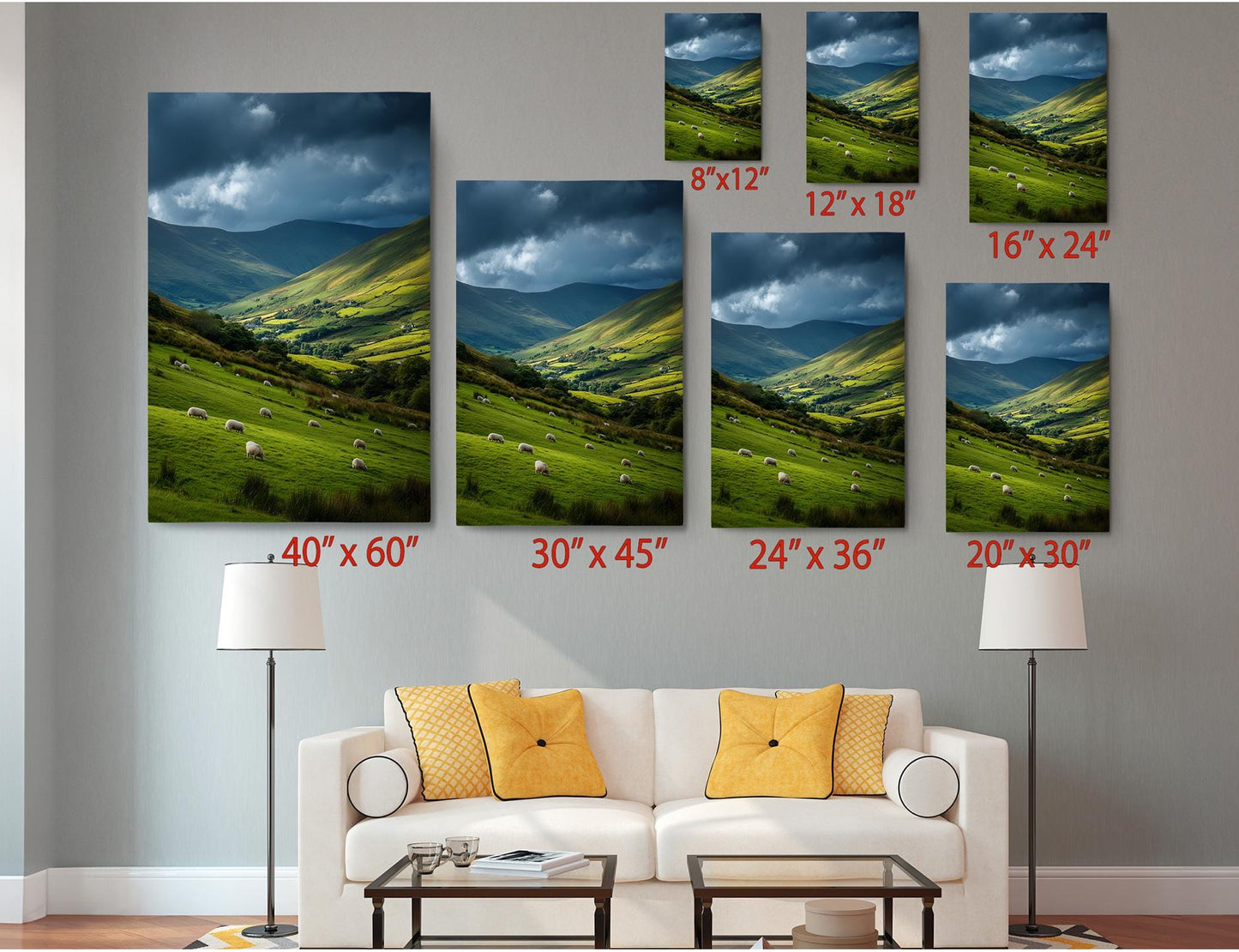 a living room with a white sofa and a coffee table, and there are multiple framed landscape photographs hanging on the wall above the sofa.