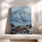 a painting of a snowy mountain village with wooden houses and a palm tree in the foreground.