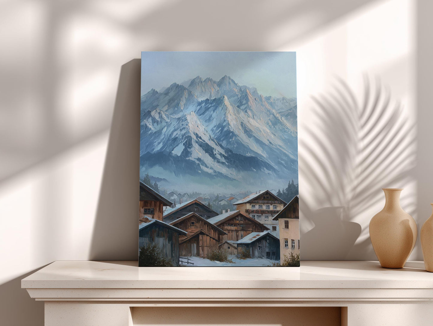 a painting of a snowy mountain village with wooden houses and a palm tree in the foreground.