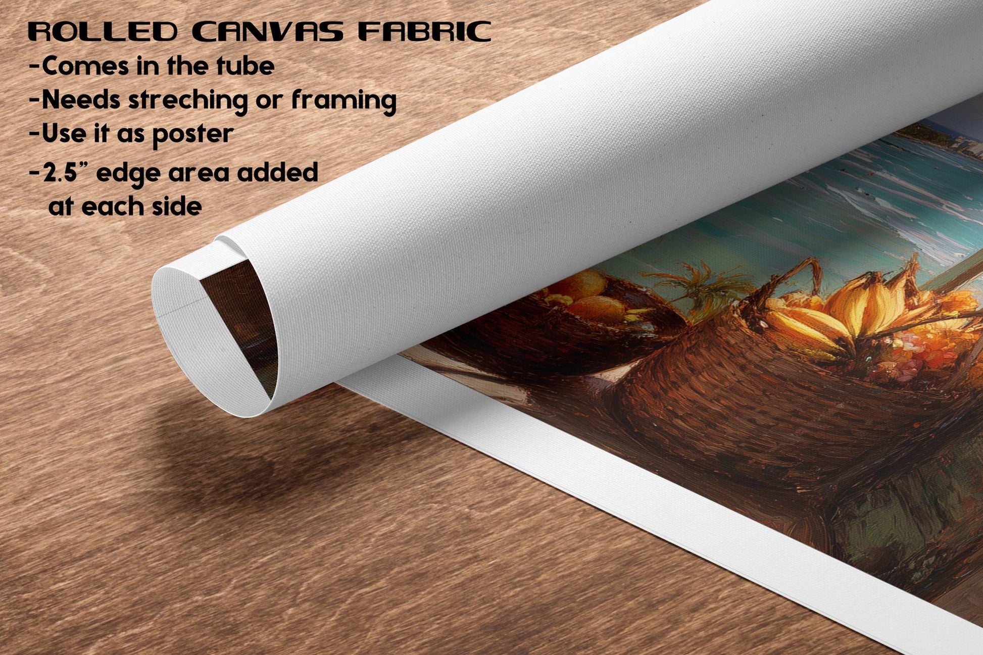 The image is a rolled canvas fabric with a tropical fruit print on it, which is displayed on a wooden surface.