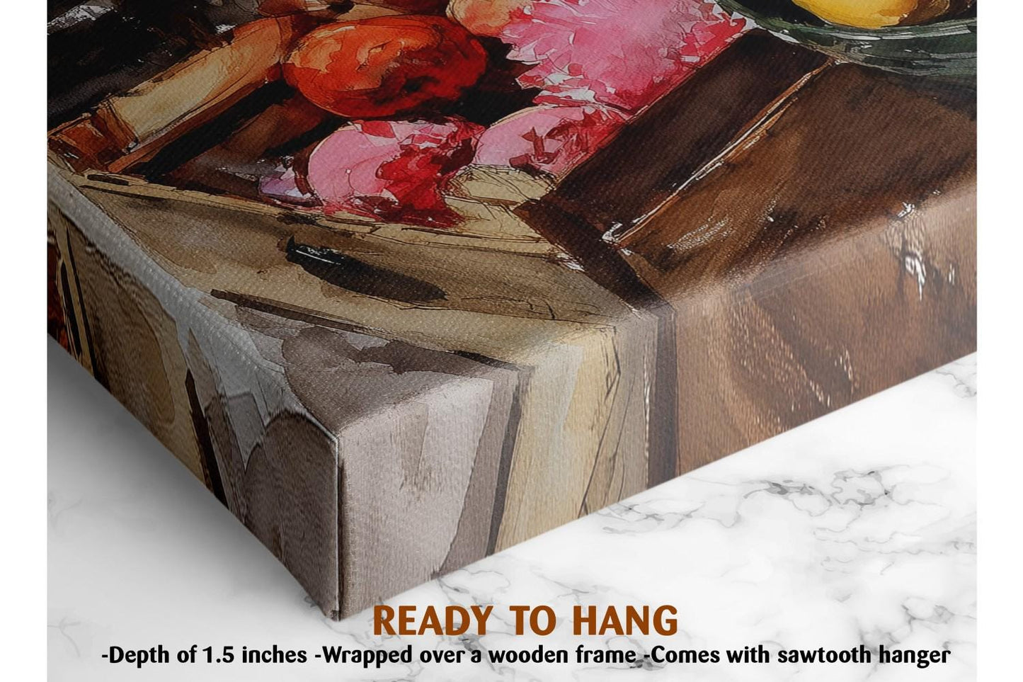 The image is a close-up of a wooden frame with a painting of fruits, such as apples and oranges, hanging on it. The frame is described as having a depth of 1.5 inches and is wrapped over a wooden frame. It also mentions that the painting comes with a sawtooth hanger.