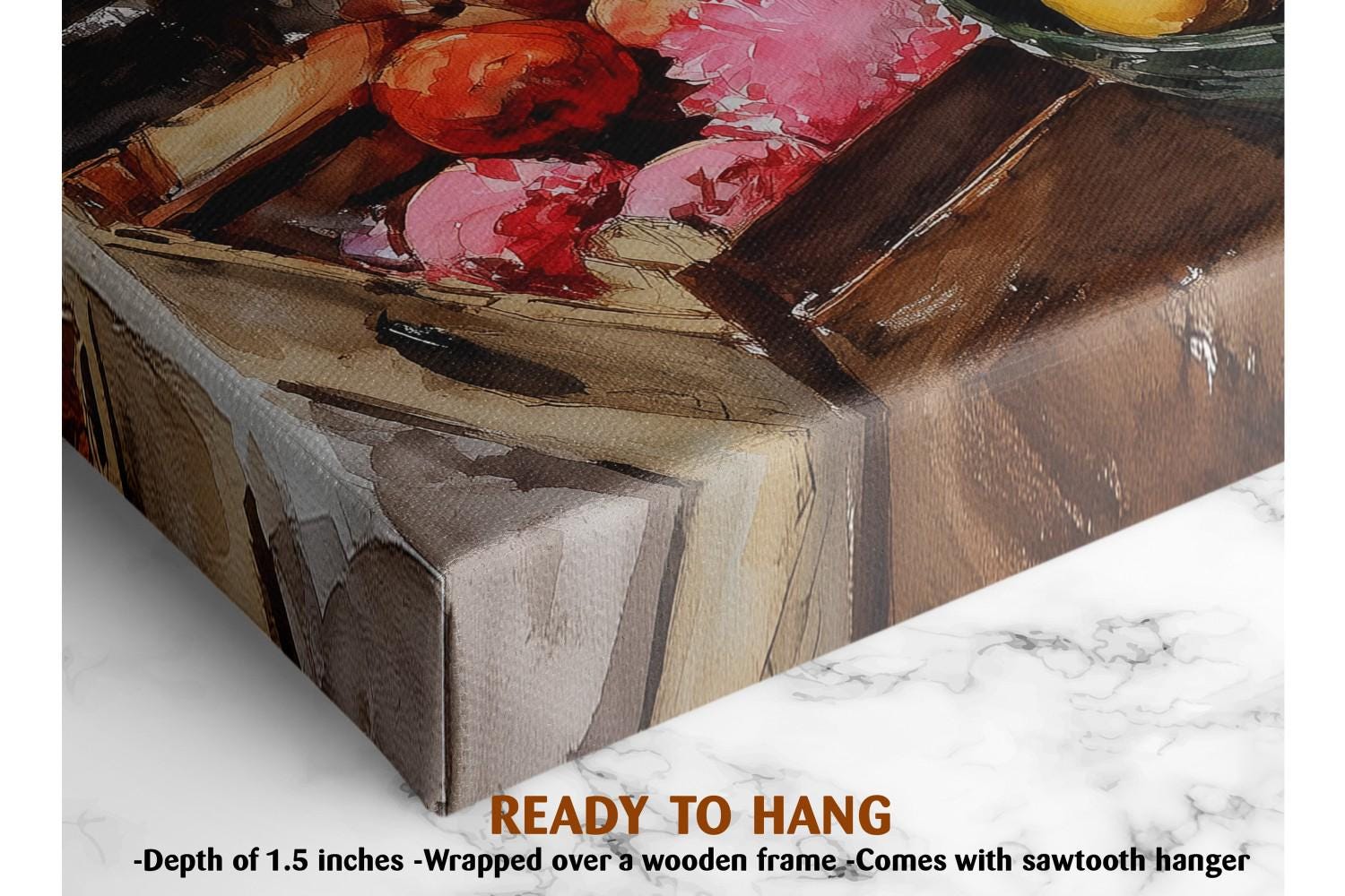 The image is a close-up of a wooden frame with a painting of fruits, such as apples and oranges, hanging on it. The frame is described as having a depth of 1.5 inches and is wrapped over a wooden frame. It also mentions that the painting comes with a sawtooth hanger.