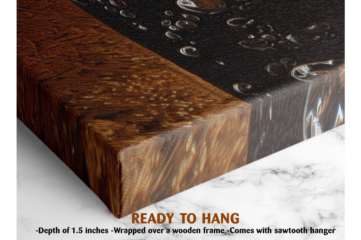 The image is a close-up of a wooden frame with a black and brown patterned surface, and it is described as a ready-to-hang artwork.