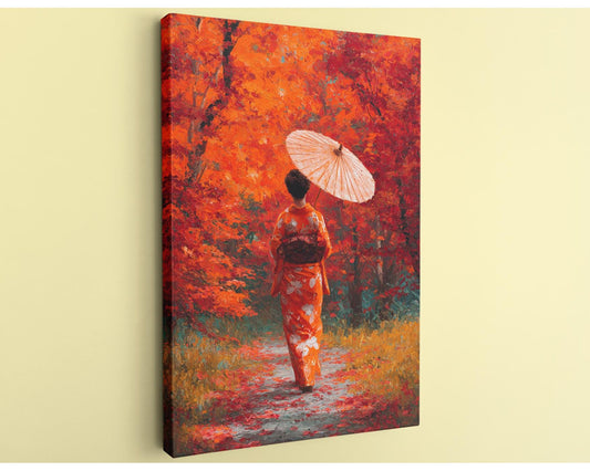 A woman in a traditional Japanese kimono walks along a path through a vibrant autumn forest, holding an umbrella.
