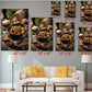The image is a living room with a white couch and a coffee table. Above the couch, there are six framed images of various food items, including bowls of soup and bread, arranged in a grid-like pattern. Each image is labeled with its size in inches, ranging from 40 to 36.