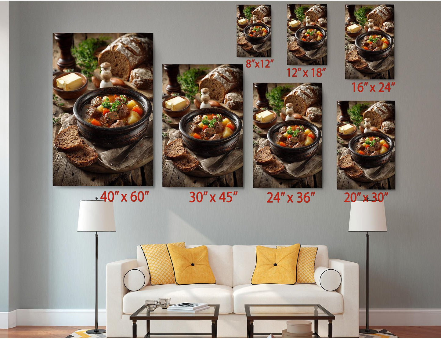 The image is a living room with a white couch and a coffee table. Above the couch, there are six framed images of various food items, including bowls of soup and bread, arranged in a grid-like pattern. Each image is labeled with its size in inches, ranging from 40 to 36.