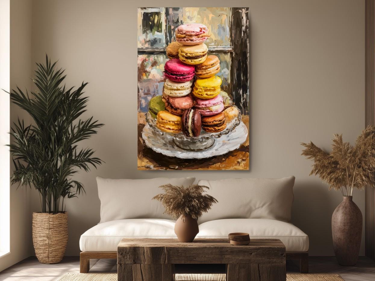 a cozy living room with a large painting of colorful macarons hanging on the wall above a wooden coffee table.