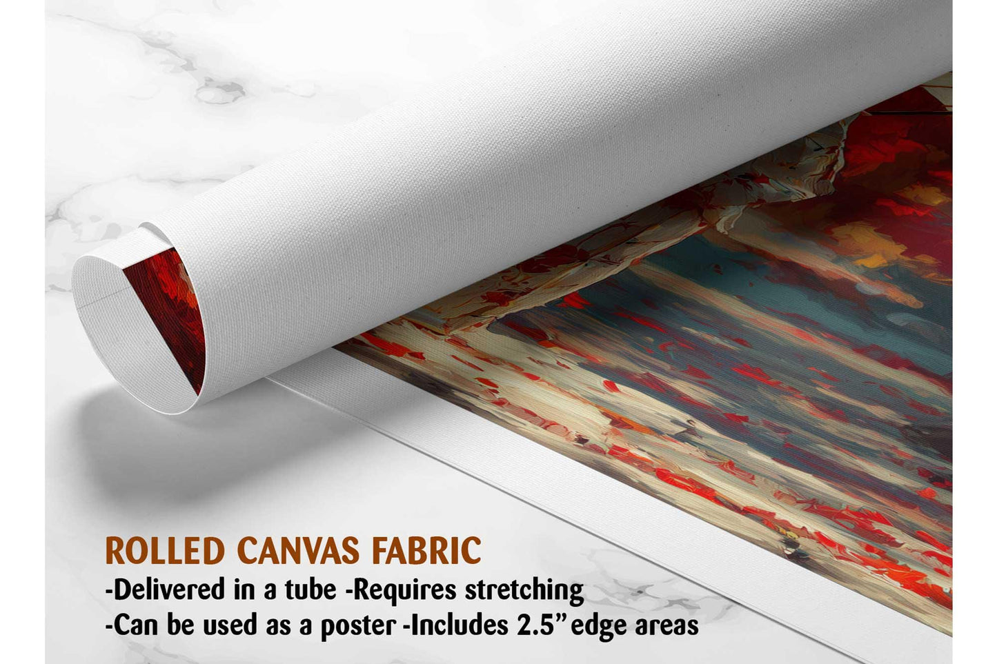 The image is a rolled canvas fabric, which is a type of canvas material used for painting or printing. It is described as a tube-delivered canvas fabric, which means it is delivered in a tube and requires stretching before use. It can be used as a poster with a 2.5&quot; edge area.