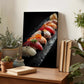 a wooden desk with a framed photograph of sushi on it, surrounded by various potted plants and books.
