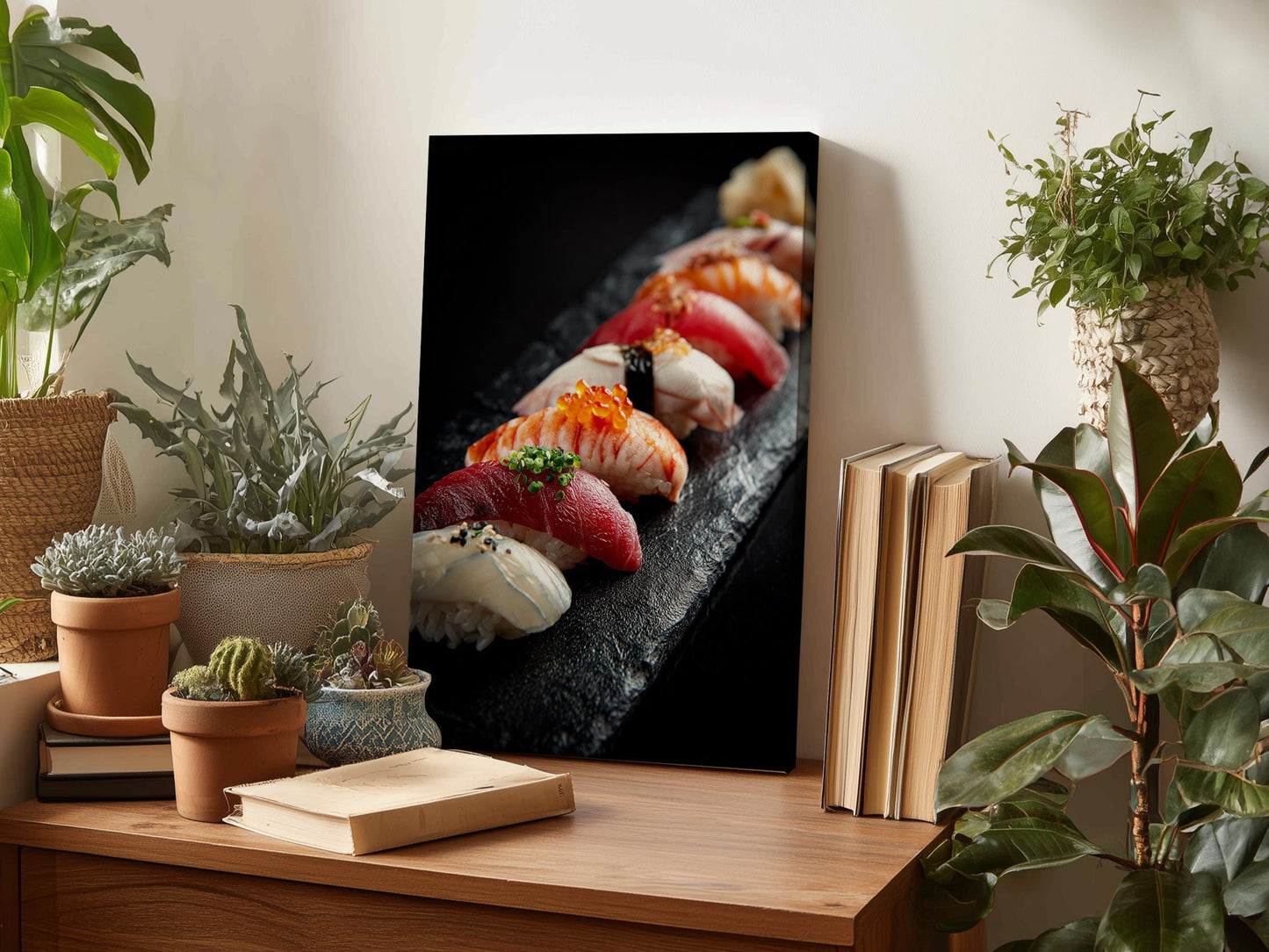 a wooden desk with a framed photograph of sushi on it, surrounded by various potted plants and books.