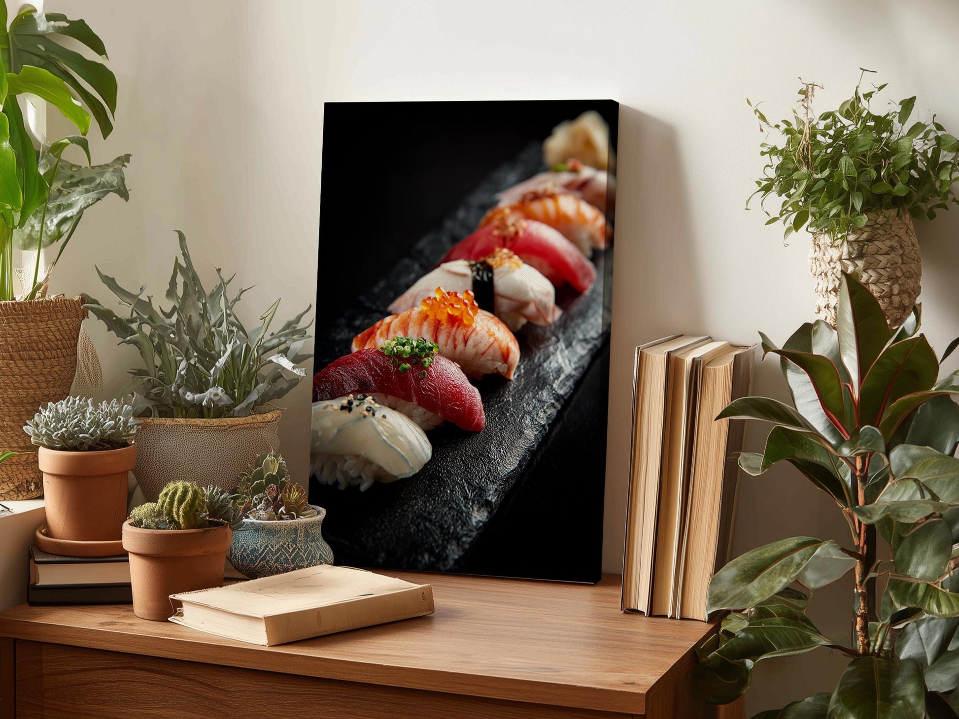 a wooden desk with a framed photograph of sushi on it, surrounded by various potted plants and books.