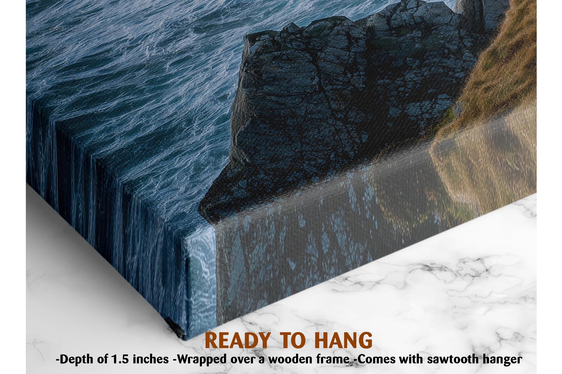 The image is a close-up of a rocky cliff face with a body of water, likely a waterfall, cascading down the rocks. The cliff appears to be made of dark rock, contrasting with the lighter rock of the water. The image is framed by a wooden frame, and it is described as a ready-to-hang canvas print.