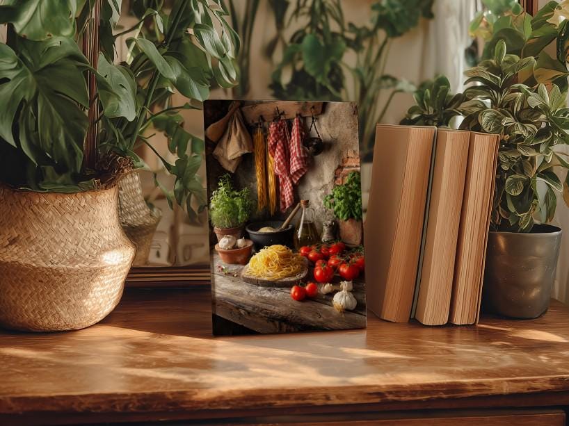 a wooden table with a framed photograph of a kitchen scene, including a variety of fresh produce, herbs, and cooking utensils.