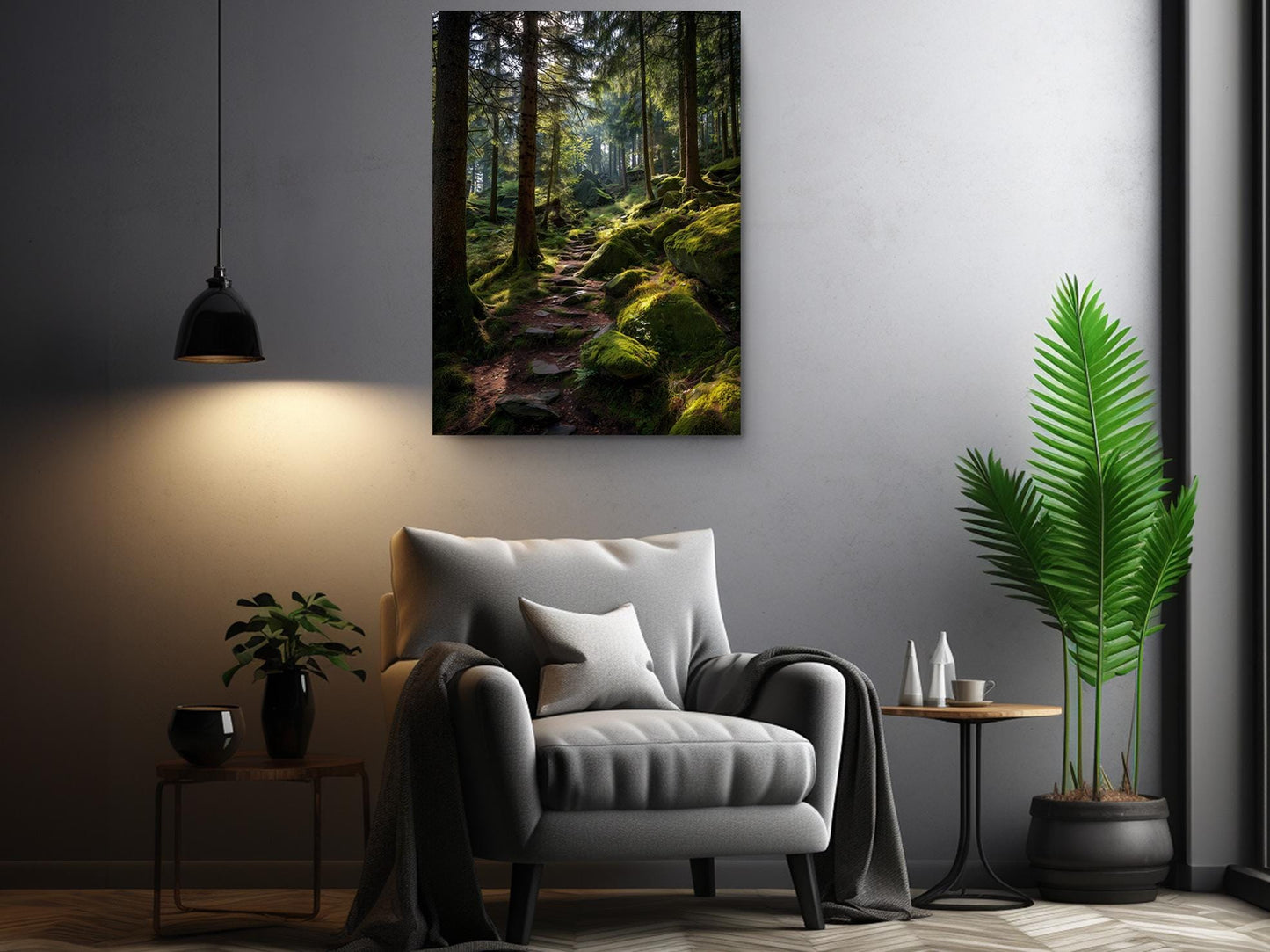 a serene indoor setting with a cozy gray armchair, a wooden side table, and a potted plant. Above the armchair, a framed photograph of a forest path with moss-covered rocks is displayed on the wall, creating a tranquil and natural atmosphere.