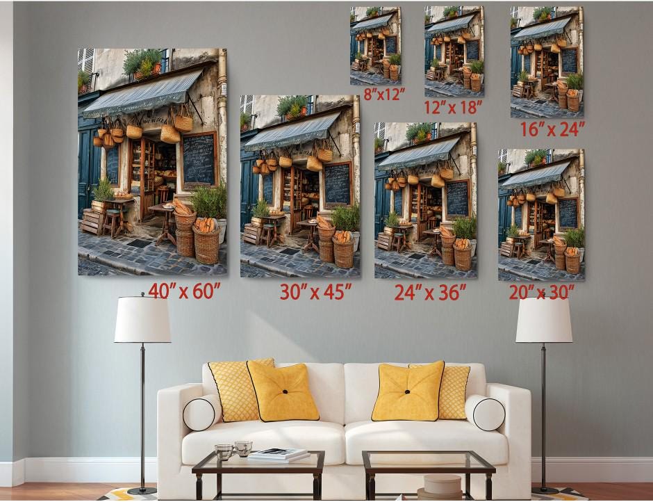 The image is a collage of six photographs depicting a quaint street scene with a small shop or cafe. The photographs are arranged in a grid format, with each photograph showing a different size, ranging from 40 x 60 to 24 x 36. The photographs are displayed on a wall, and there is a white couch and a coffee table in the foreground.