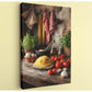 a rustic kitchen scene with a wooden table filled with various ingredients, including pasta, tomatoes, garlic, and herbs.