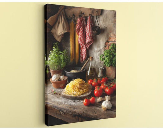 a rustic kitchen scene with a wooden table filled with various ingredients, including pasta, tomatoes, garlic, and herbs.