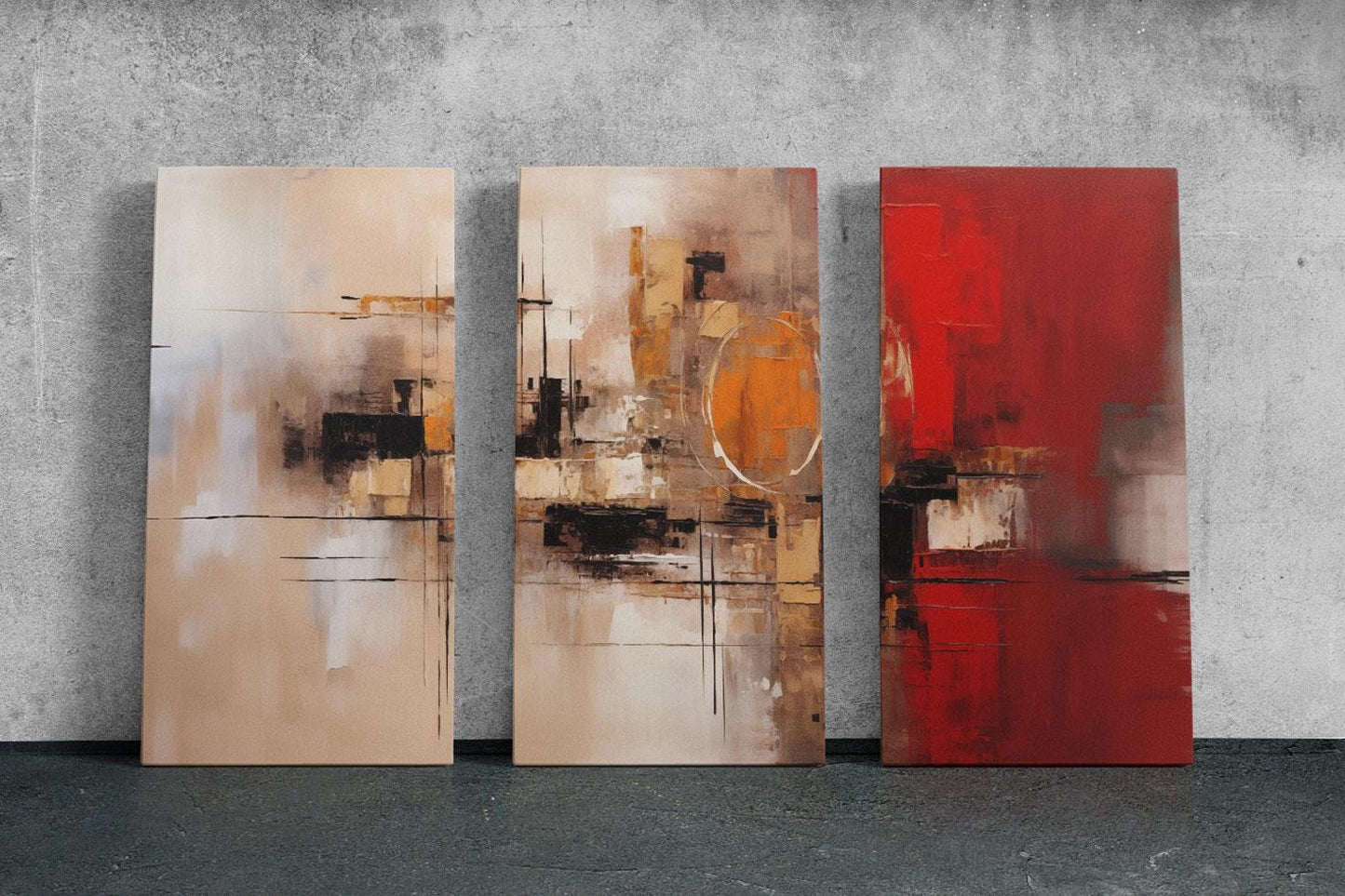 three abstract paintings on a wall in a room