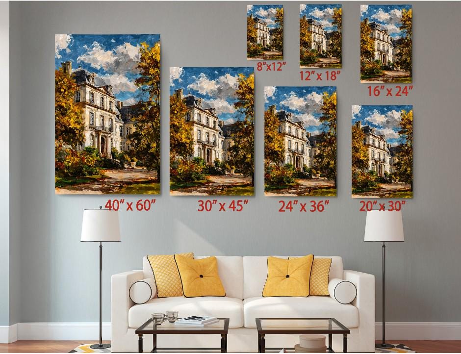 The image is a living room with a white sofa and a coffee table. Above the sofa, there are six framed paintings of a house, each with a different size and resolution, ranging from 40 x 60 to 24 x 36. The paintings are arranged in a grid-like pattern on the wall, creating a visually appealing display.