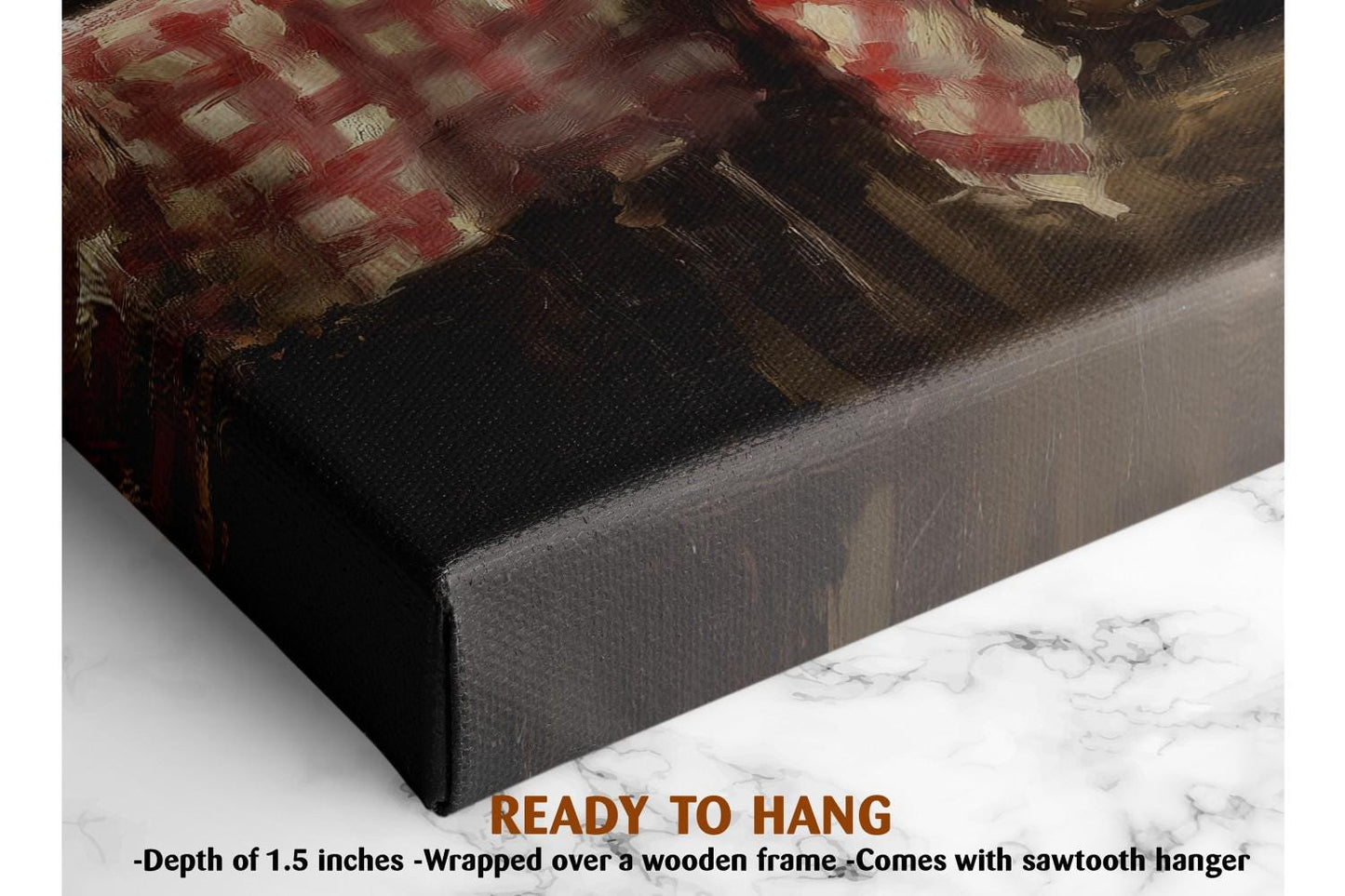 The image is a close-up of a framed painting on a wooden frame, with a marble surface underneath. The painting appears to be a portrait or a landscape, with a dark background and a lighter foreground. The text indicates that the painting is ready to hang, and it is described as having a depth of 1.5 inches, wrapped over a wooden frame, and comes with a sawtooth hanger.