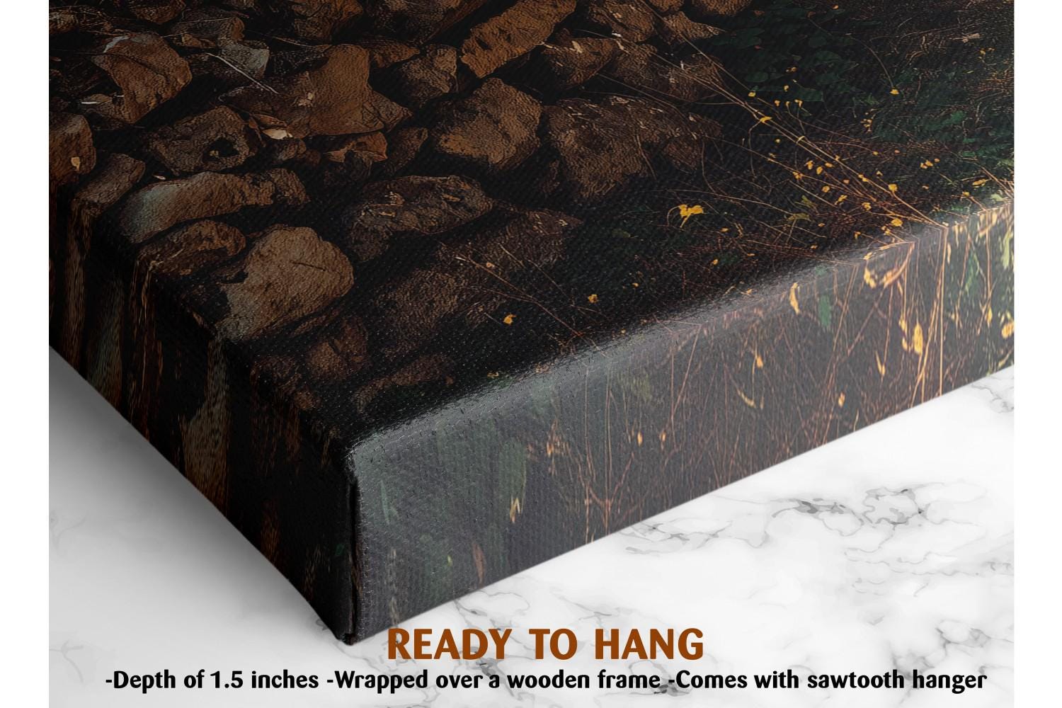 The image is a close-up of a canvas print featuring a textured background with a wooden frame. The print is described as a &quot;Ready to Hang&quot; and has a depth of 1.5 inches, wrapped over a wooden frame. It also mentions that the print comes with a sawtooth hanger.