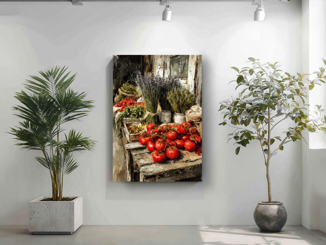 a rustic wooden table filled with an assortment of fresh produce, including tomatoes, herbs, and other vegetables, set against a backdrop of a white wall.