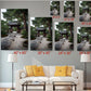 The image is a living room with a white sofa and a coffee table. Above the sofa, there are six framed pictures of a Japanese garden, each with a different size and resolution, ranging from 8&quot; x 12&quot; to 20&quot; x 30&quot;. The pictures are arranged in a grid-like pattern on the wall, with each one depicting a different aspect of the Japanese garden.