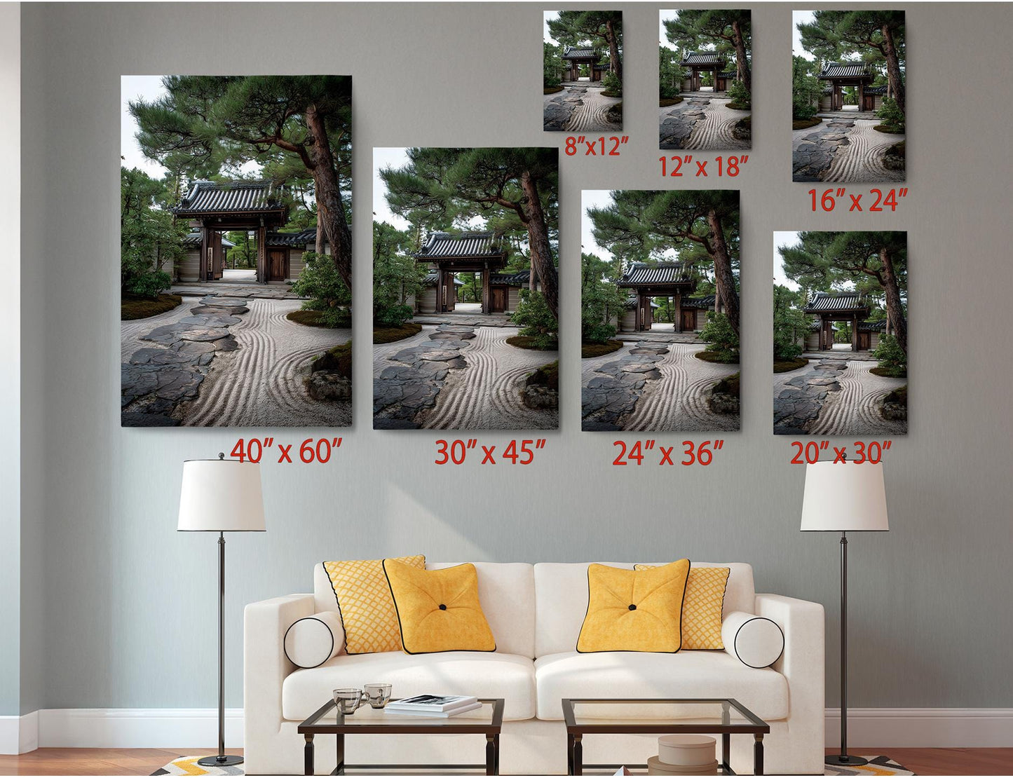 The image is a living room with a white sofa and a coffee table. Above the sofa, there are six framed pictures of a Japanese garden, each with a different size and resolution, ranging from 8&quot; x 12&quot; to 20&quot; x 30&quot;. The pictures are arranged in a grid-like pattern on the wall, with each one depicting a different aspect of the Japanese garden.