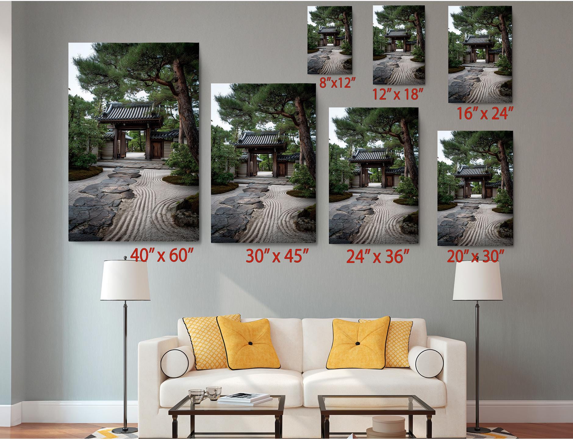 The image is a living room with a white sofa and a coffee table. Above the sofa, there are six framed pictures of a Japanese garden, each with a different size and resolution, ranging from 8&quot; x 12&quot; to 20&quot; x 30&quot;. The pictures are arranged in a grid-like pattern on the wall, with each one depicting a different aspect of the Japanese garden.