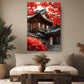a living room with a large, colorful painting of a traditional Korean building with red flowers hanging above a white sofa. The room is decorated with potted plants and a wooden coffee table.