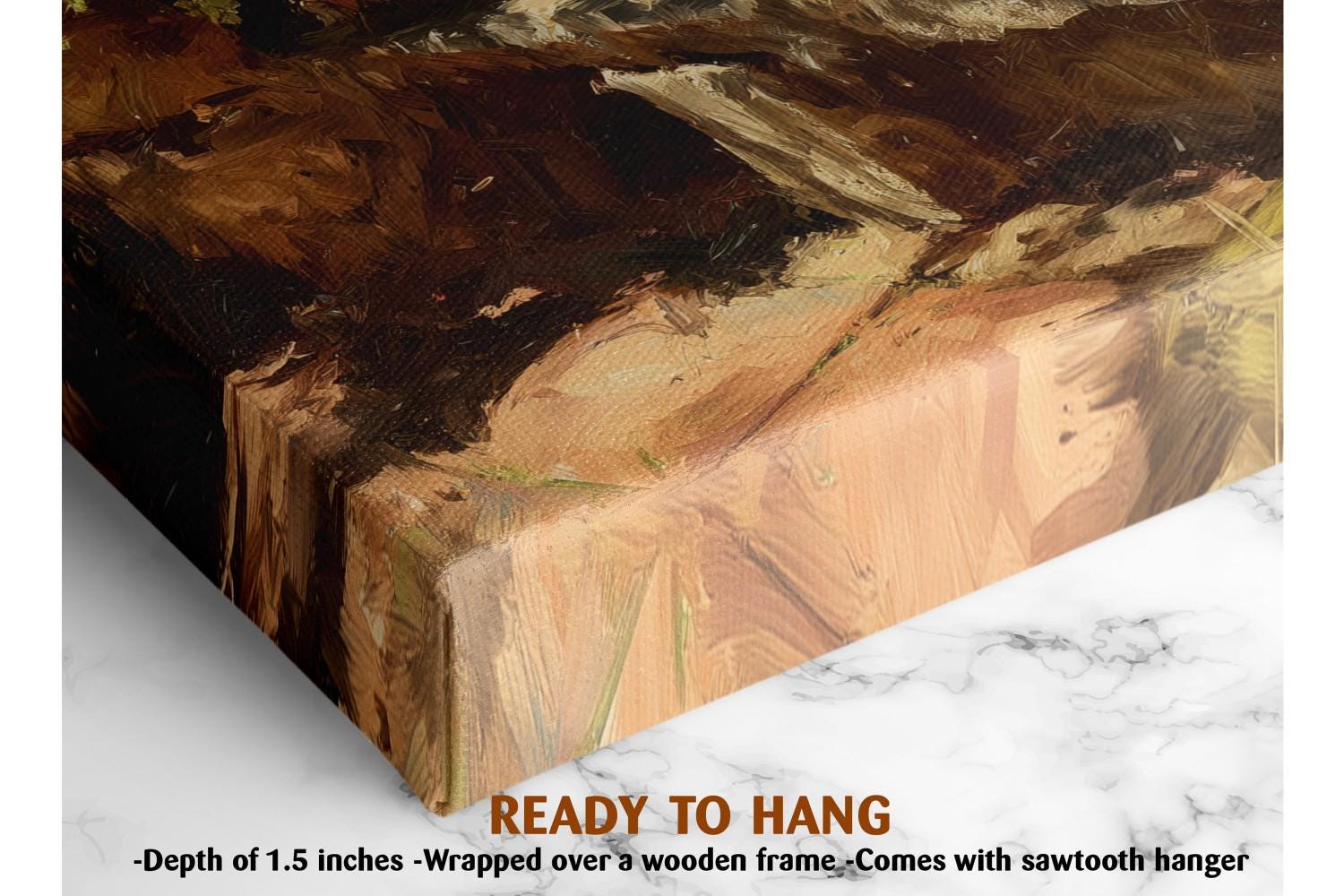 The image is a close-up of a wooden frame with a painting on it, and it is described as a ready-to-hang piece.