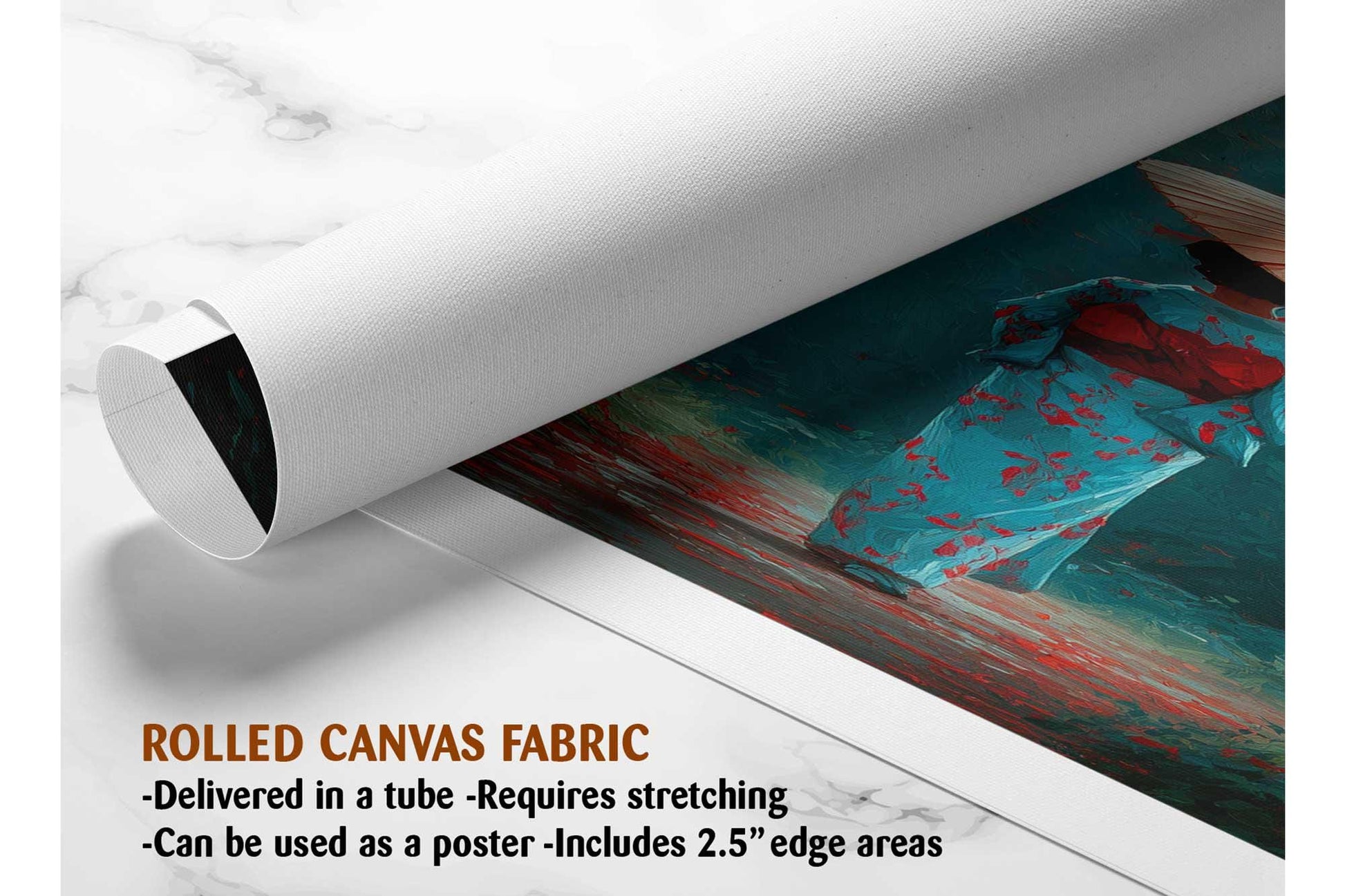 The image is a rolled canvas fabric, which is a type of canvas material used for painting or printing. It is described as a tube-delivered fabric that requires stretching and can be used as a poster with a 2.5&quot; edge area.