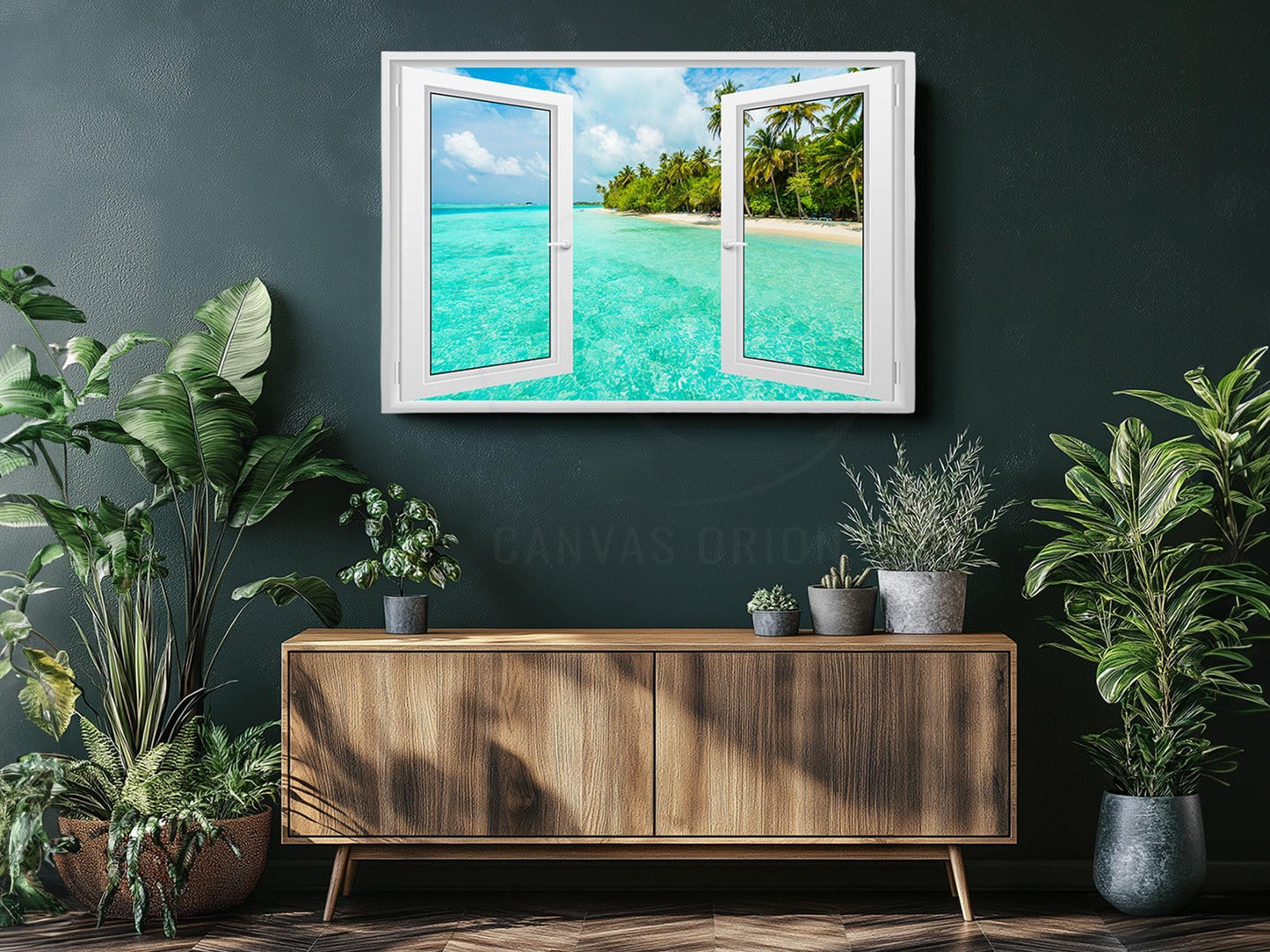 a picture of an open window with a tropical island in the background