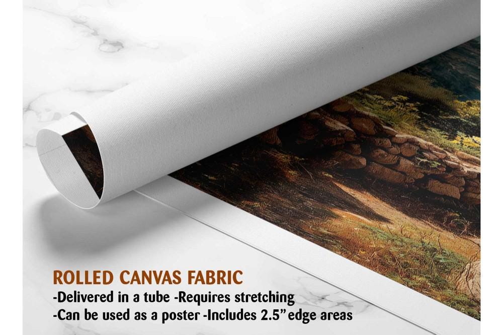 The image is a rolled canvas fabric, which is a type of canvas material used for painting or printing. It is described as a tube-delivered canvas fabric, which means it is delivered in a tube and requires stretching before use. The fabric can be used as a poster, with a 2.5&quot; edge area.