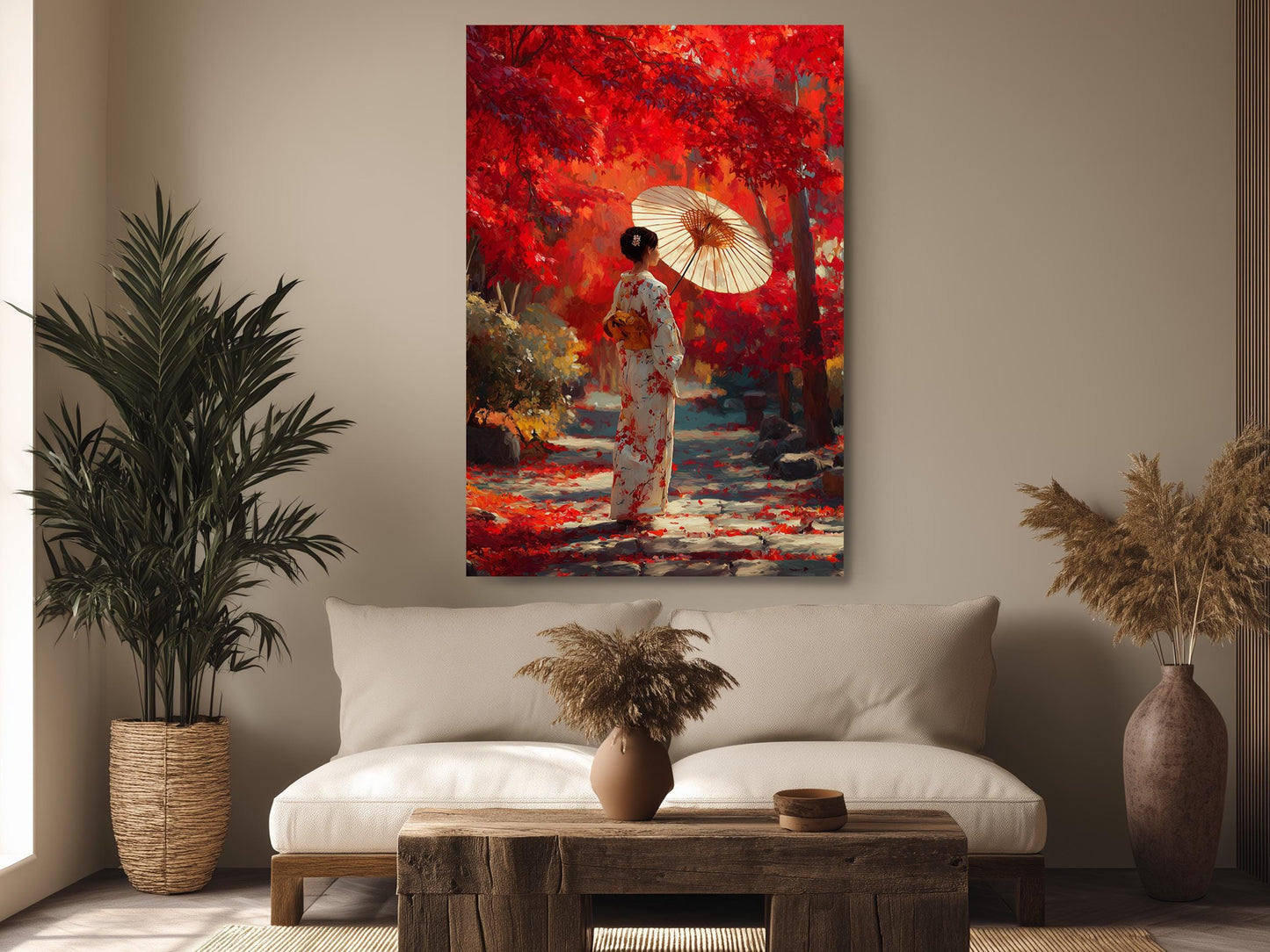 a woman in a white kimono holding a white parasol, standing in a garden with red foliage.