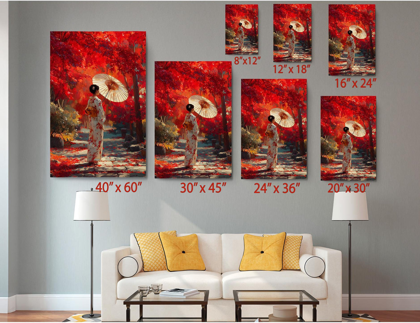 The image is a living room with a white sofa and a coffee table. Above the sofa, there are several framed prints of a woman holding an umbrella, all of which are of different sizes. The prints are arranged in a grid-like pattern on the wall, with each print having a corresponding size indicated below it.