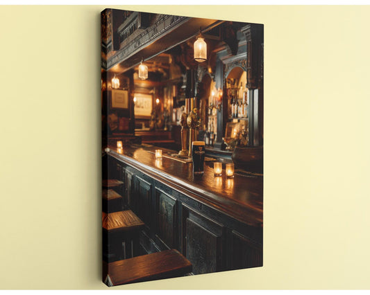 a cozy and inviting bar scene, with a wooden bar counter, stools, and various bottles and glasses arranged neatly on the counter. The warm lighting and the overall atmosphere create a welcoming ambiance.