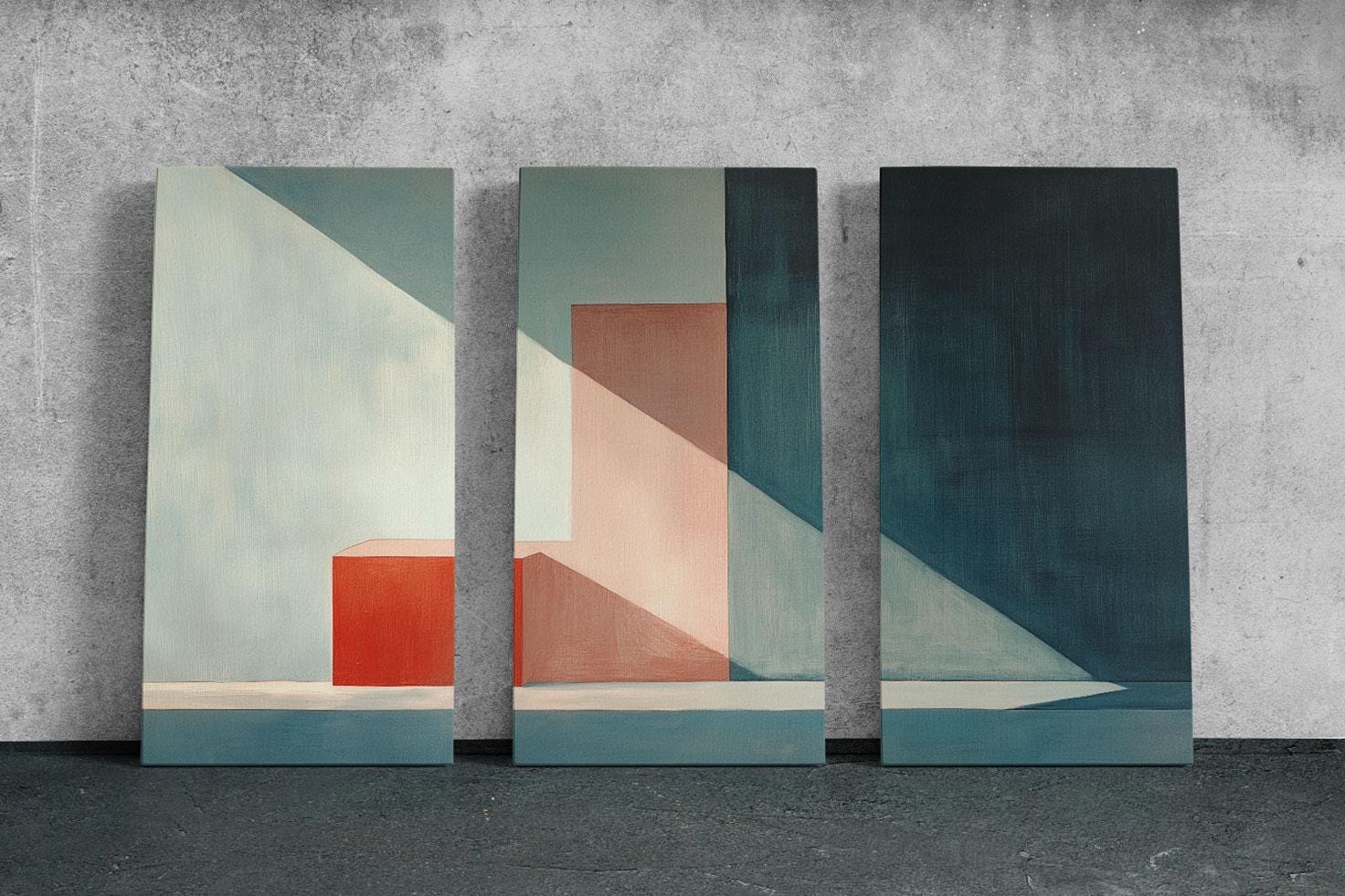 three paintings of different colors on a wall