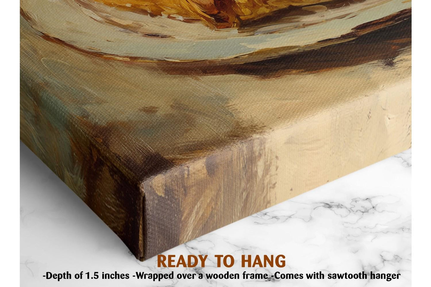 The image is a close-up of a wooden frame with a painting on it, and it is described as a ready-to-hang artwork.