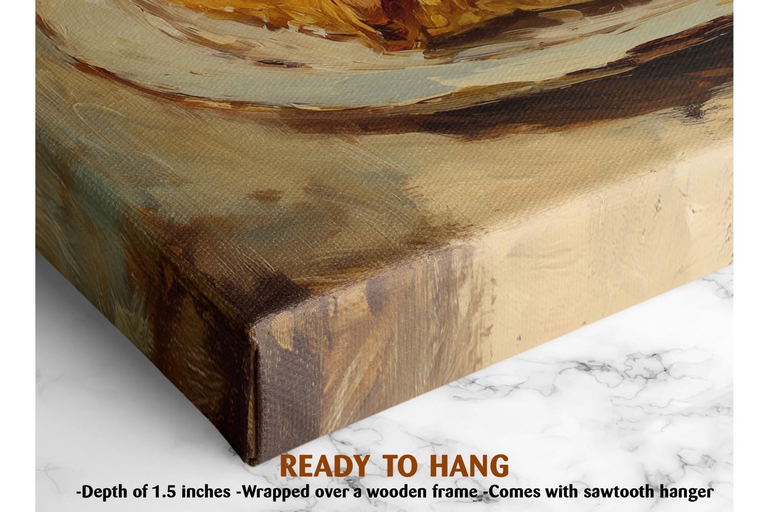 The image is a close-up of a wooden frame with a painting on it, and it is described as a ready-to-hang artwork.