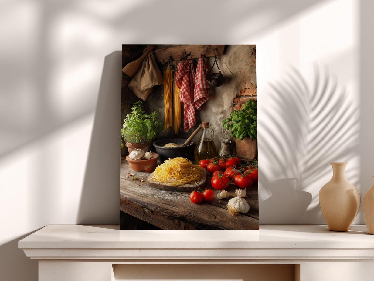 a rustic kitchen scene with a wooden table displaying various ingredients, including spaghetti, tomatoes, garlic, and herbs.