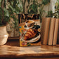 A framed photograph of a croissant and coffee is displayed on a wooden surface, surrounded by potted plants and books.