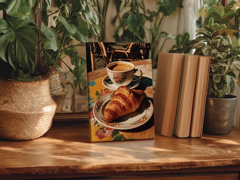 A framed photograph of a croissant and coffee is displayed on a wooden surface, surrounded by potted plants and books.