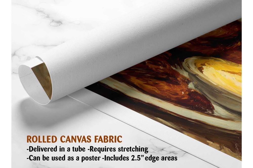 The image is a rolled canvas fabric, which is a type of canvas material used for painting or printing. It is described as a tube-delivered canvas fabric, which means it is delivered in a tube and requires stretching before use. It can be used as a poster with a 2.5&quot; edge area.