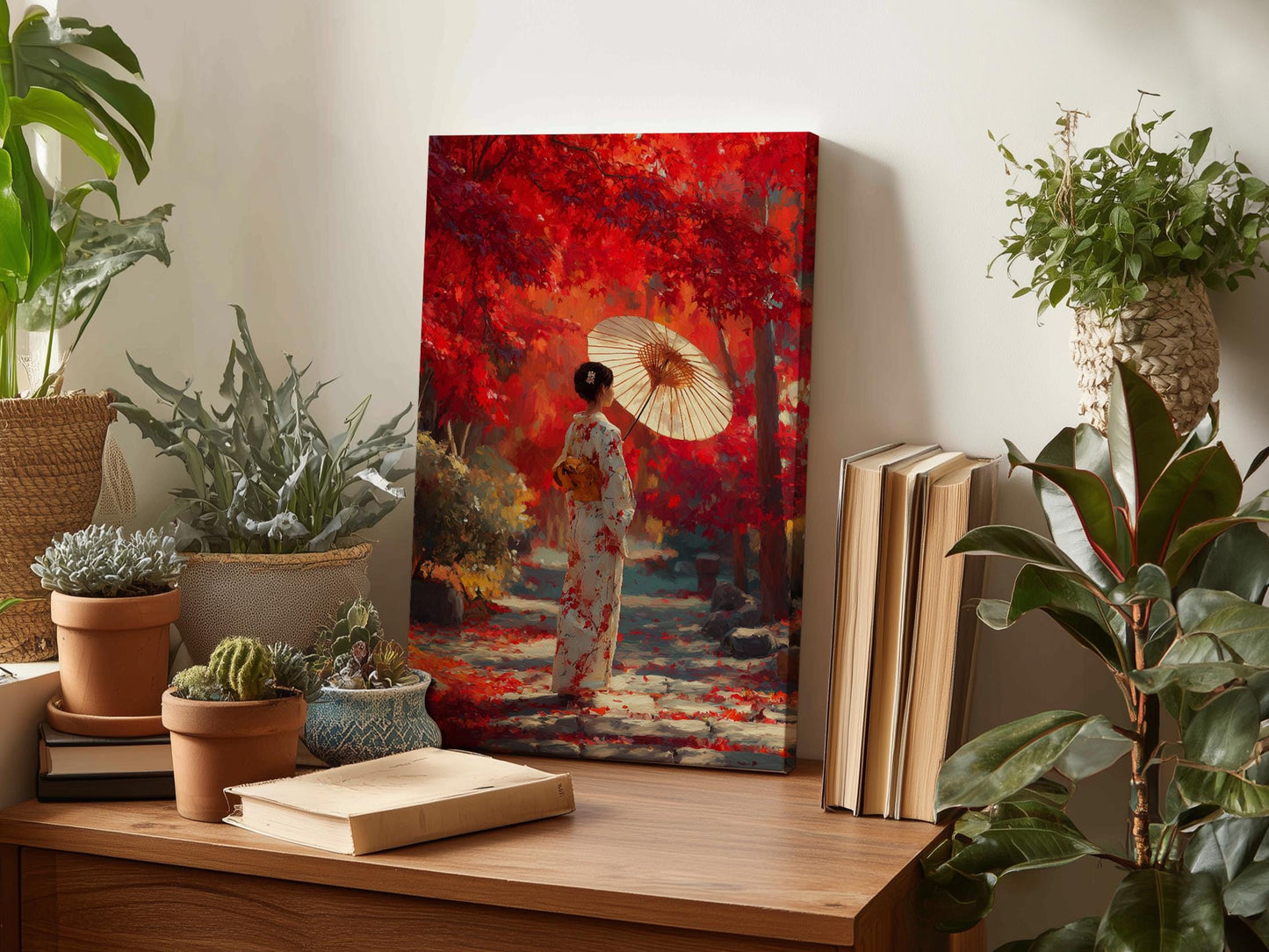 a woman in a traditional Japanese kimono holding an umbrella, standing in a garden with red foliage. The scene is surrounded by potted plants and books, creating a serene and peaceful atmosphere.