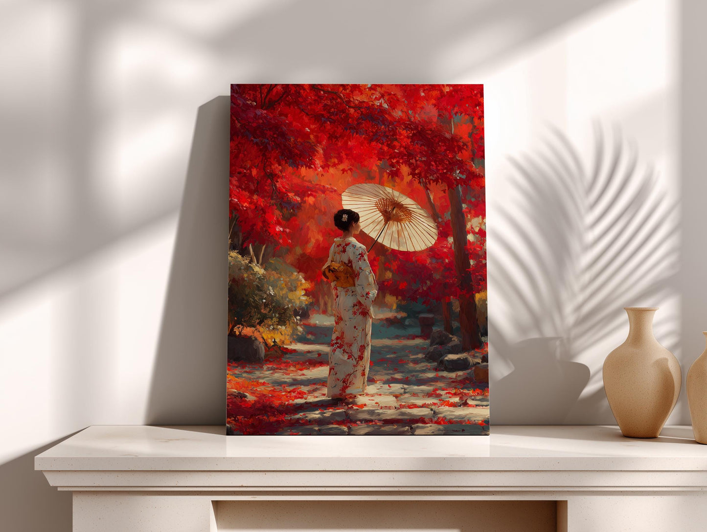 A woman in a traditional Japanese kimono stands in a garden, holding a parasol and surrounded by vibrant red foliage.