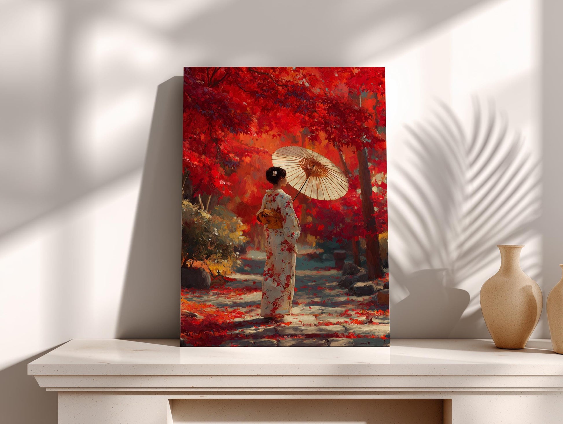 A woman in a traditional Japanese kimono stands in a garden, holding a parasol and surrounded by vibrant red foliage.