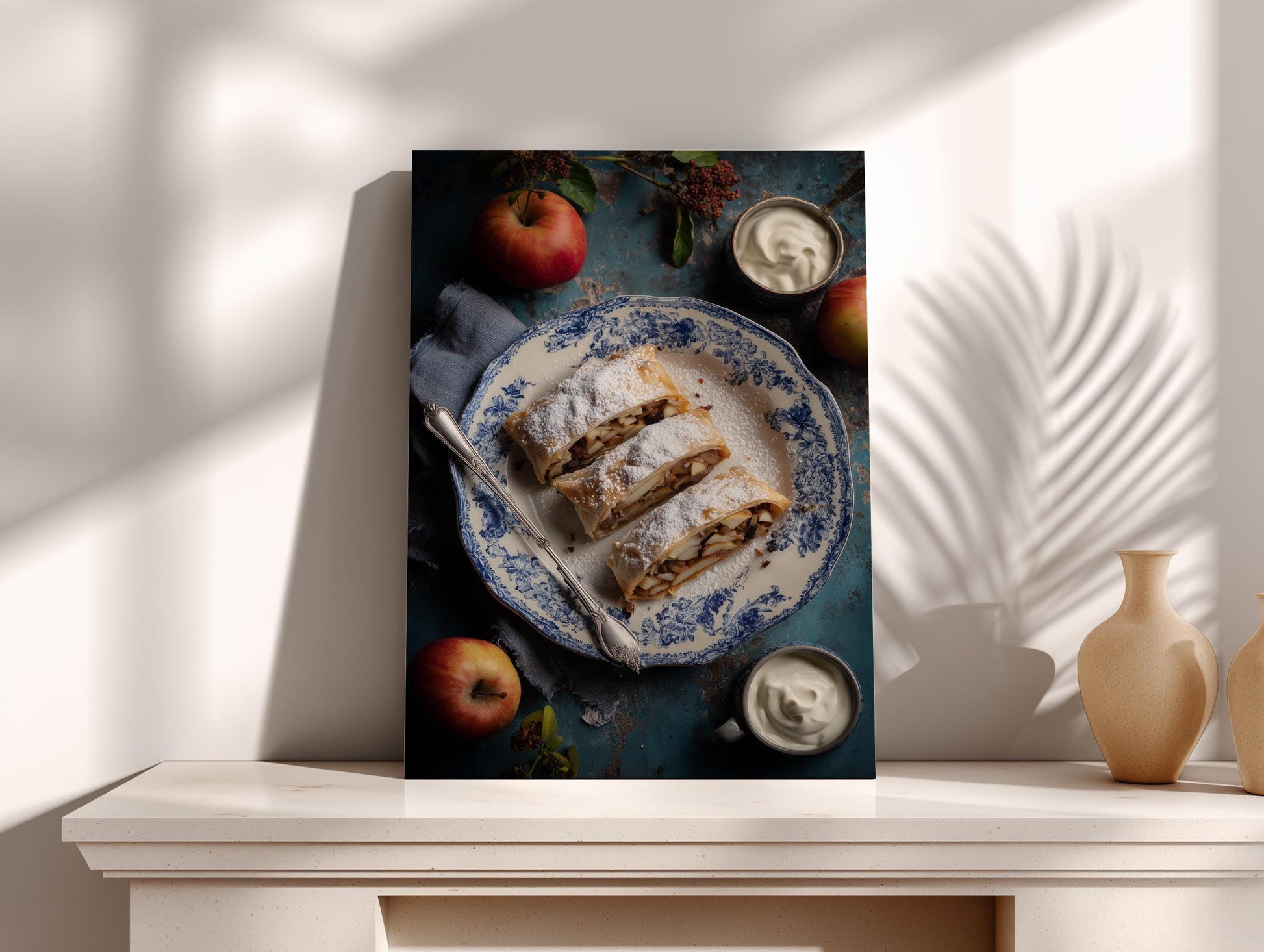 A framed photograph of a pastry with powdered sugar, accompanied by a bowl of whipped cream and a red apple, placed on a white shelf.